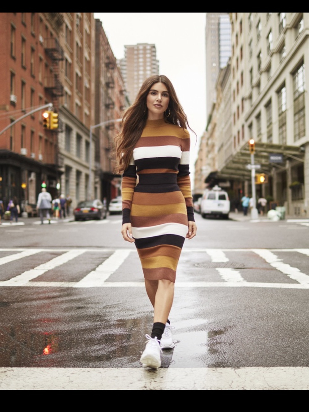 Express Striped Long-Sleeve Midi Dress in Black, White, Brown, Mustard
